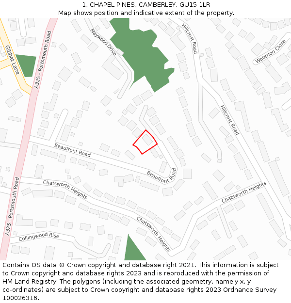 1, CHAPEL PINES, CAMBERLEY, GU15 1LR: Location map and indicative extent of plot