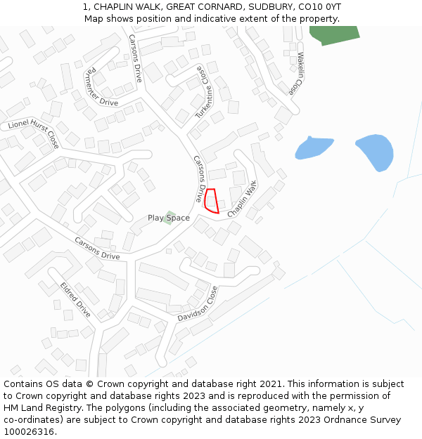 1, CHAPLIN WALK, GREAT CORNARD, SUDBURY, CO10 0YT: Location map and indicative extent of plot