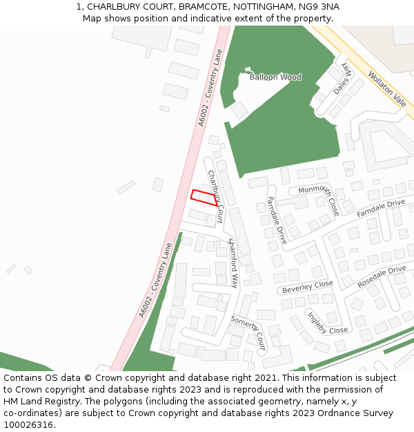 1, CHARLBURY COURT, BRAMCOTE, NOTTINGHAM, NG9 3NA: Location map and indicative extent of plot