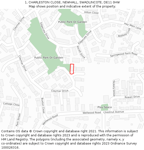 1, CHARLESTON CLOSE, NEWHALL, SWADLINCOTE, DE11 0HW: Location map and indicative extent of plot