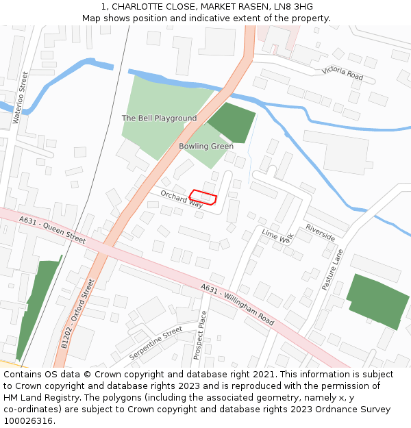 1, CHARLOTTE CLOSE, MARKET RASEN, LN8 3HG: Location map and indicative extent of plot