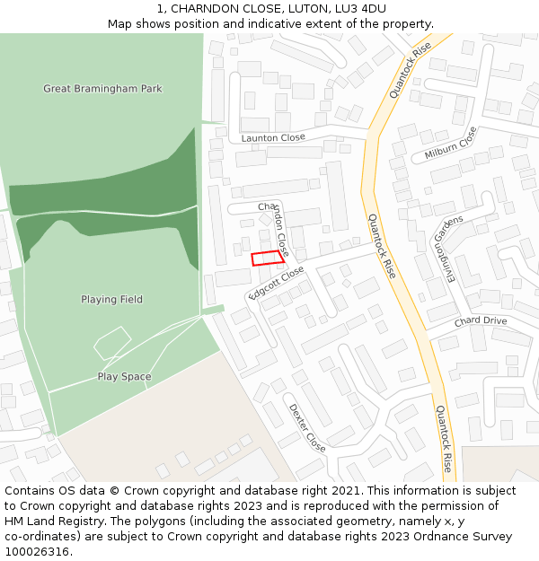 1, CHARNDON CLOSE, LUTON, LU3 4DU: Location map and indicative extent of plot