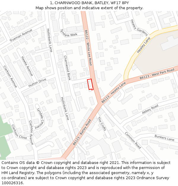1, CHARNWOOD BANK, BATLEY, WF17 8PY: Location map and indicative extent of plot