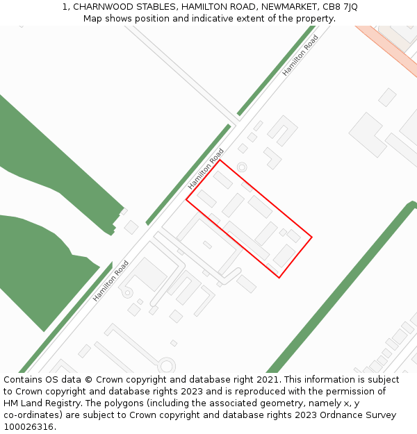 1, CHARNWOOD STABLES, HAMILTON ROAD, NEWMARKET, CB8 7JQ: Location map and indicative extent of plot