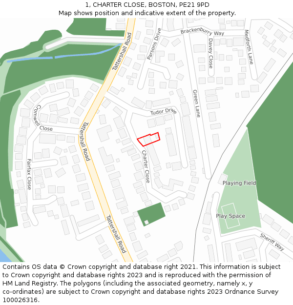 1, CHARTER CLOSE, BOSTON, PE21 9PD: Location map and indicative extent of plot