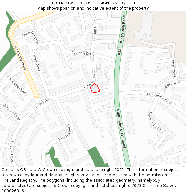 1, CHARTWELL CLOSE, PAIGNTON, TQ3 3LT: Location map and indicative extent of plot