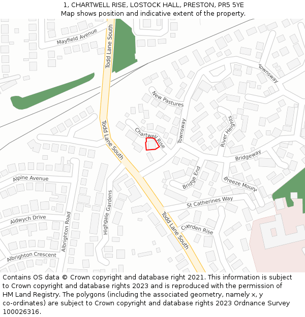 1, CHARTWELL RISE, LOSTOCK HALL, PRESTON, PR5 5YE: Location map and indicative extent of plot