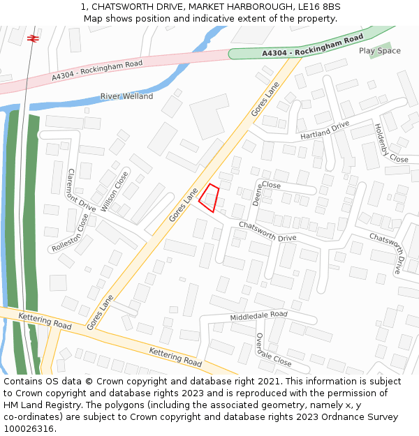 1, CHATSWORTH DRIVE, MARKET HARBOROUGH, LE16 8BS: Location map and indicative extent of plot