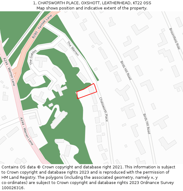 1, CHATSWORTH PLACE, OXSHOTT, LEATHERHEAD, KT22 0SS: Location map and indicative extent of plot