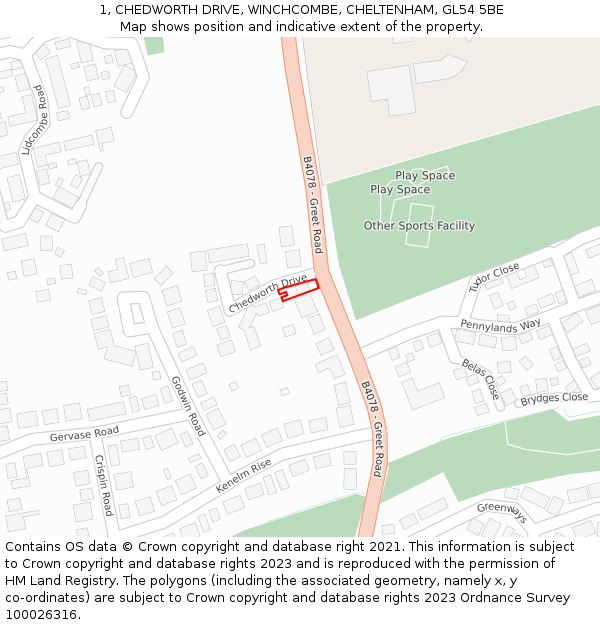 1, CHEDWORTH DRIVE, WINCHCOMBE, CHELTENHAM, GL54 5BE: Location map and indicative extent of plot