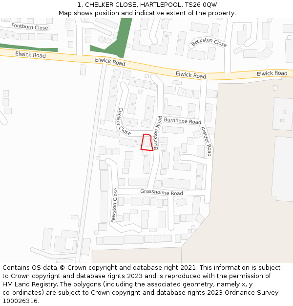1, CHELKER CLOSE, HARTLEPOOL, TS26 0QW: Location map and indicative extent of plot