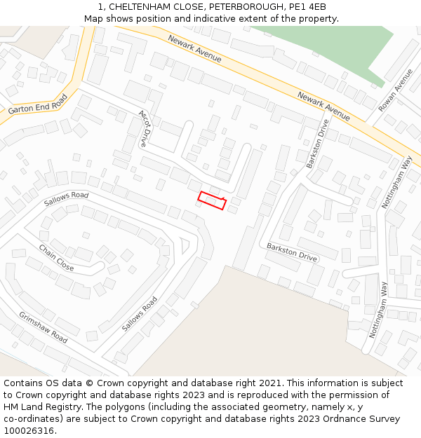 1, CHELTENHAM CLOSE, PETERBOROUGH, PE1 4EB: Location map and indicative extent of plot