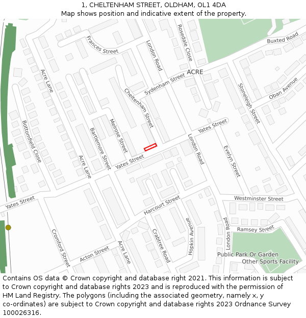 1, CHELTENHAM STREET, OLDHAM, OL1 4DA: Location map and indicative extent of plot