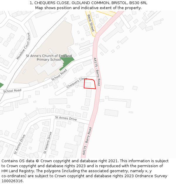 1, CHEQUERS CLOSE, OLDLAND COMMON, BRISTOL, BS30 6RL: Location map and indicative extent of plot