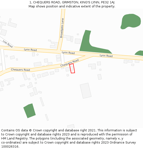 1, CHEQUERS ROAD, GRIMSTON, KING'S LYNN, PE32 1AJ: Location map and indicative extent of plot