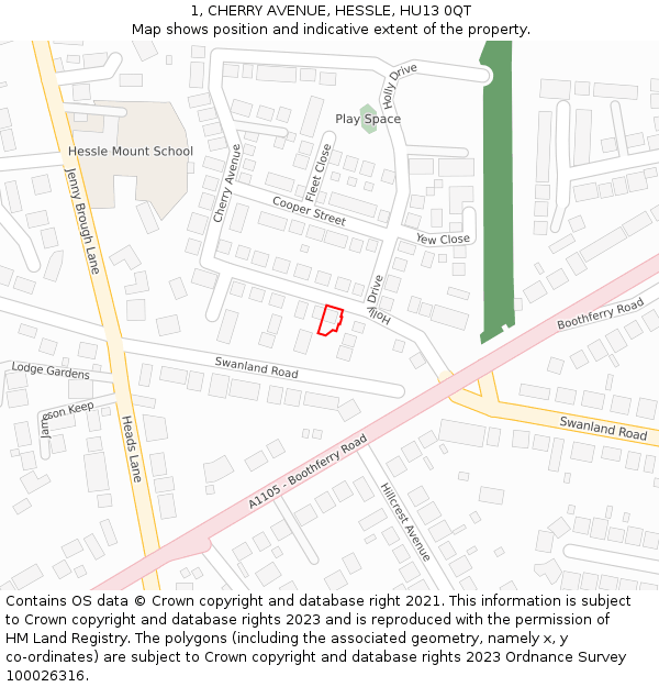 1, CHERRY AVENUE, HESSLE, HU13 0QT: Location map and indicative extent of plot