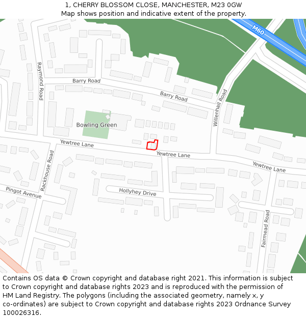 1, CHERRY BLOSSOM CLOSE, MANCHESTER, M23 0GW: Location map and indicative extent of plot