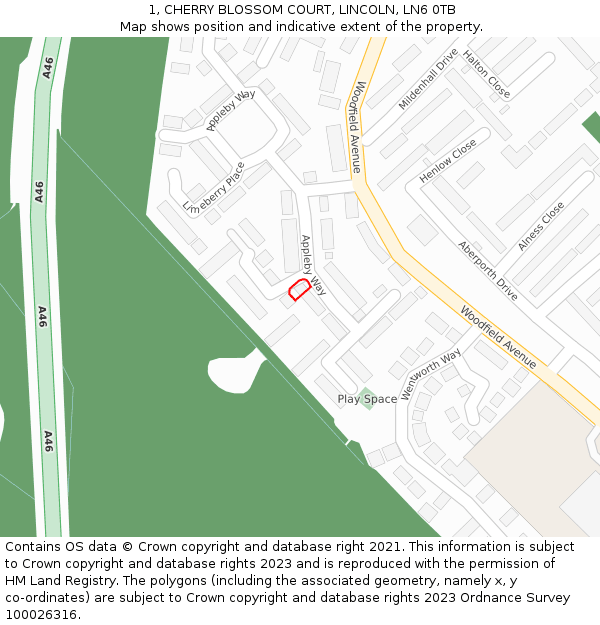1, CHERRY BLOSSOM COURT, LINCOLN, LN6 0TB: Location map and indicative extent of plot