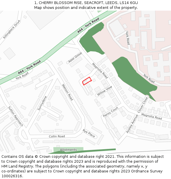 1, CHERRY BLOSSOM RISE, SEACROFT, LEEDS, LS14 6GU: Location map and indicative extent of plot