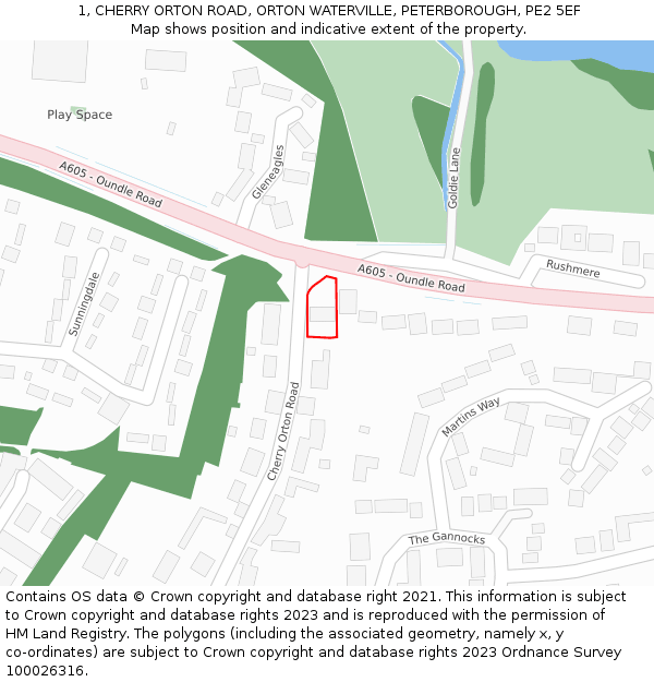1, CHERRY ORTON ROAD, ORTON WATERVILLE, PETERBOROUGH, PE2 5EF: Location map and indicative extent of plot