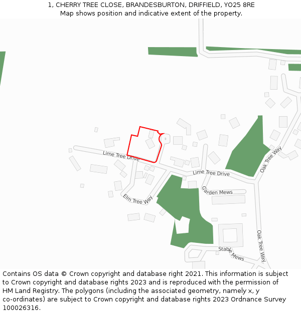 1, CHERRY TREE CLOSE, BRANDESBURTON, DRIFFIELD, YO25 8RE: Location map and indicative extent of plot