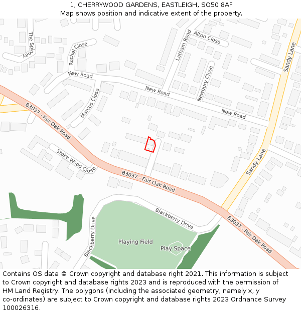 1, CHERRYWOOD GARDENS, EASTLEIGH, SO50 8AF: Location map and indicative extent of plot