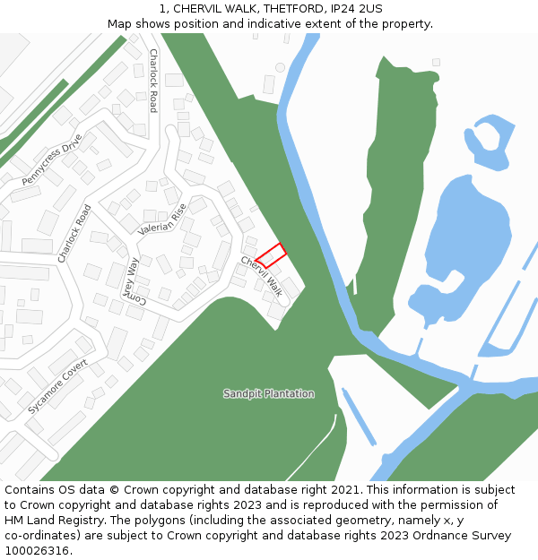 1, CHERVIL WALK, THETFORD, IP24 2US: Location map and indicative extent of plot