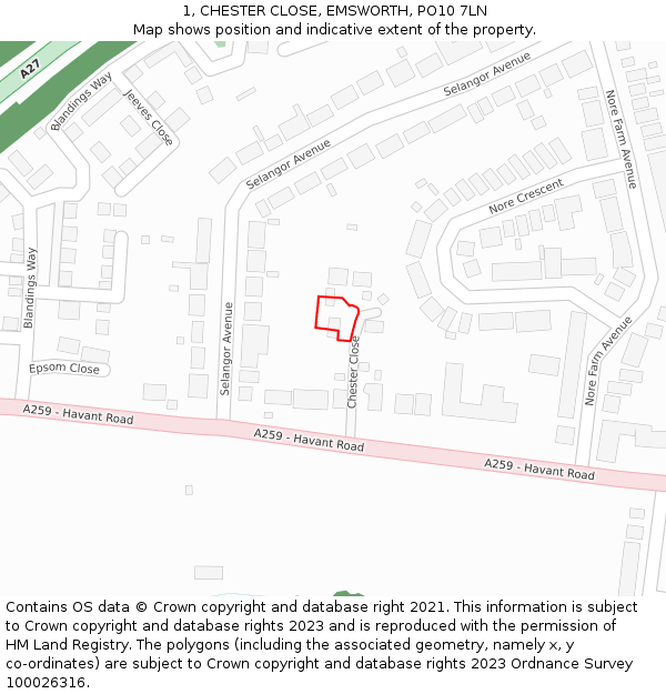 1, CHESTER CLOSE, EMSWORTH, PO10 7LN: Location map and indicative extent of plot