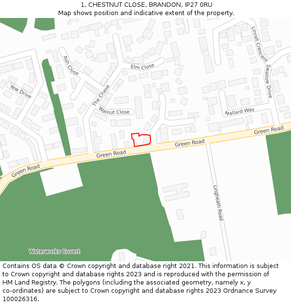 1, CHESTNUT CLOSE, BRANDON, IP27 0RU: Location map and indicative extent of plot