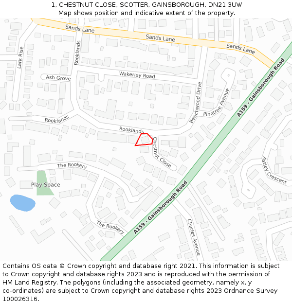 1, CHESTNUT CLOSE, SCOTTER, GAINSBOROUGH, DN21 3UW: Location map and indicative extent of plot