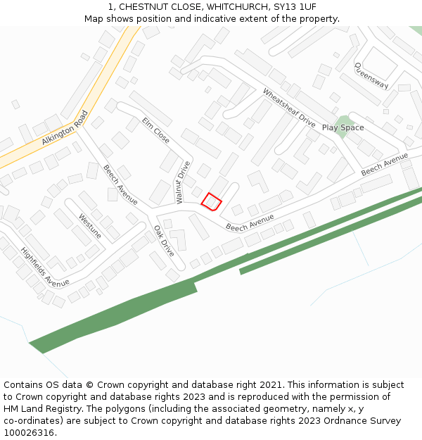 1, CHESTNUT CLOSE, WHITCHURCH, SY13 1UF: Location map and indicative extent of plot