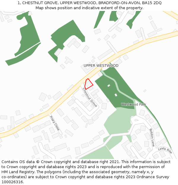 1, CHESTNUT GROVE, UPPER WESTWOOD, BRADFORD-ON-AVON, BA15 2DQ: Location map and indicative extent of plot