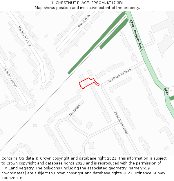 1, CHESTNUT PLACE, EPSOM, KT17 3BL: Location map and indicative extent of plot