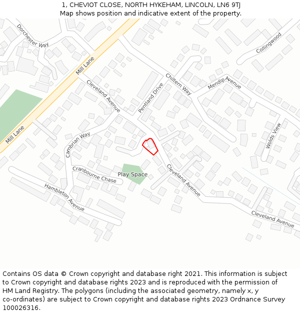 1, CHEVIOT CLOSE, NORTH HYKEHAM, LINCOLN, LN6 9TJ: Location map and indicative extent of plot