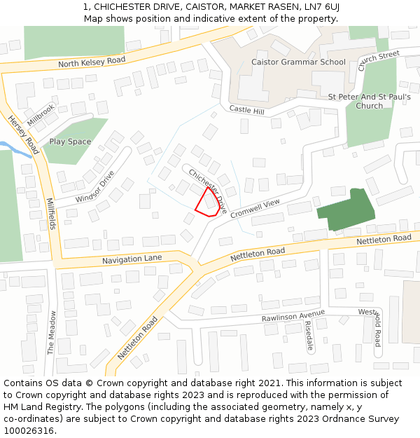 1, CHICHESTER DRIVE, CAISTOR, MARKET RASEN, LN7 6UJ: Location map and indicative extent of plot