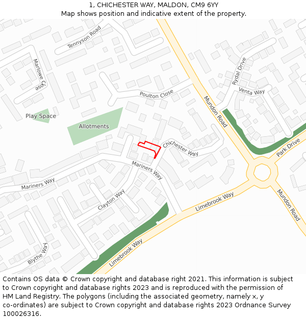 1, CHICHESTER WAY, MALDON, CM9 6YY: Location map and indicative extent of plot