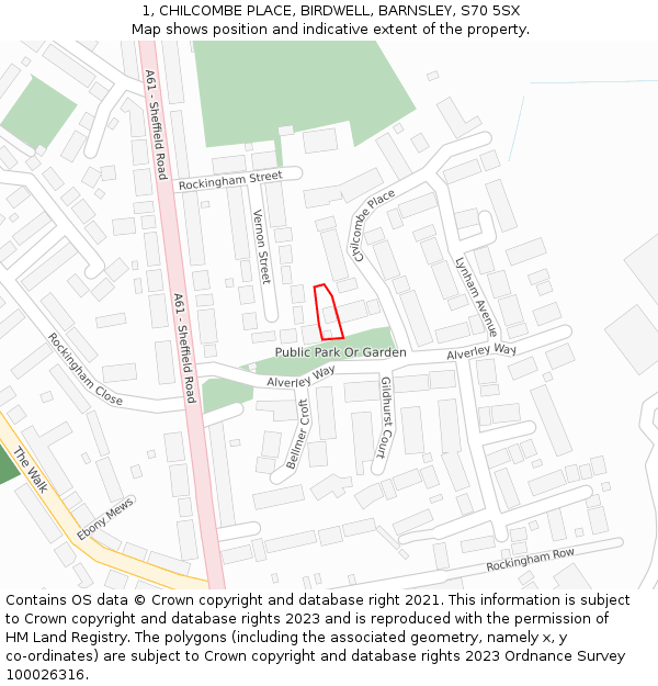 1, CHILCOMBE PLACE, BIRDWELL, BARNSLEY, S70 5SX: Location map and indicative extent of plot