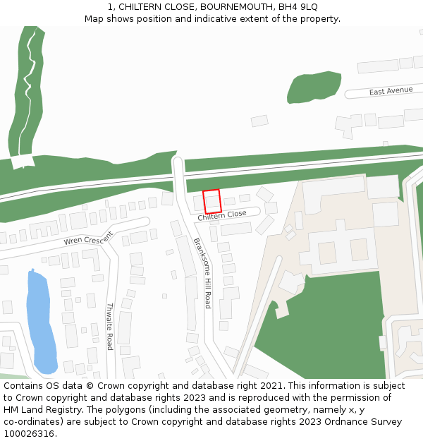 1, CHILTERN CLOSE, BOURNEMOUTH, BH4 9LQ: Location map and indicative extent of plot