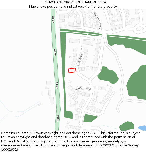 1, CHIPCHASE GROVE, DURHAM, DH1 3FA: Location map and indicative extent of plot