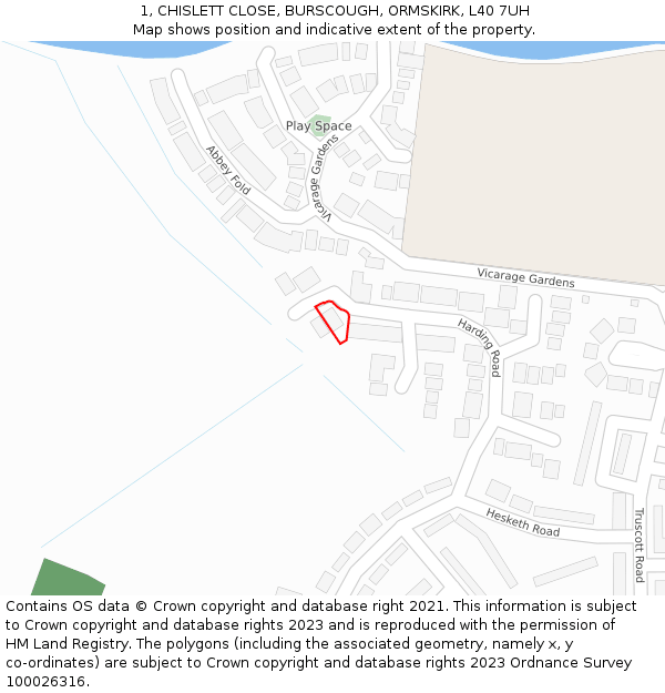 1, CHISLETT CLOSE, BURSCOUGH, ORMSKIRK, L40 7UH: Location map and indicative extent of plot