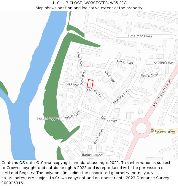 1, CHUB CLOSE, WORCESTER, WR5 3FG: Location map and indicative extent of plot