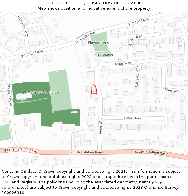 1, CHURCH CLOSE, SIBSEY, BOSTON, PE22 0RN: Location map and indicative extent of plot