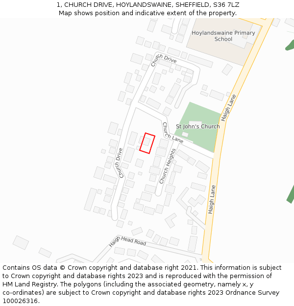 1, CHURCH DRIVE, HOYLANDSWAINE, SHEFFIELD, S36 7LZ: Location map and indicative extent of plot