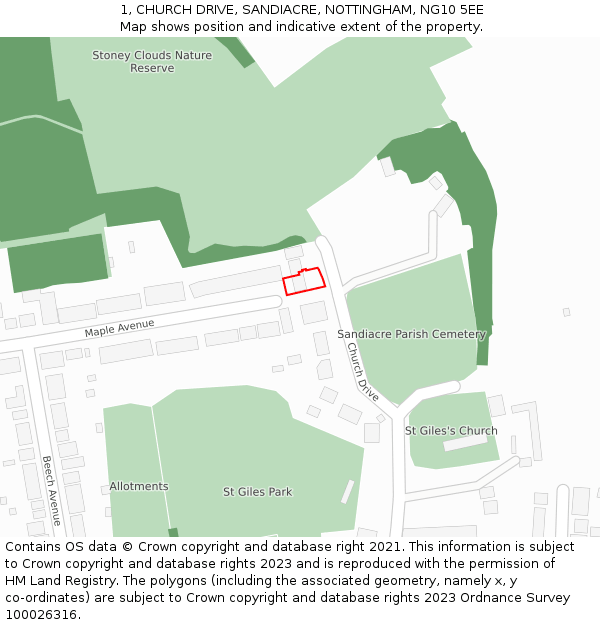 1, CHURCH DRIVE, SANDIACRE, NOTTINGHAM, NG10 5EE: Location map and indicative extent of plot