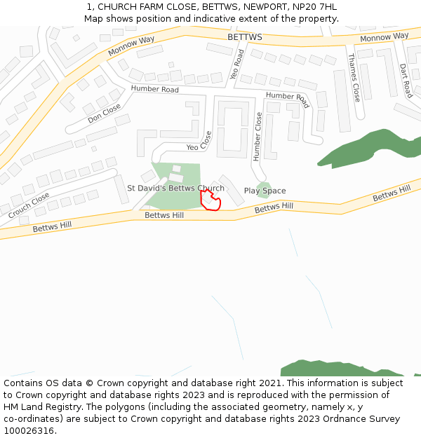 1, CHURCH FARM CLOSE, BETTWS, NEWPORT, NP20 7HL: Location map and indicative extent of plot