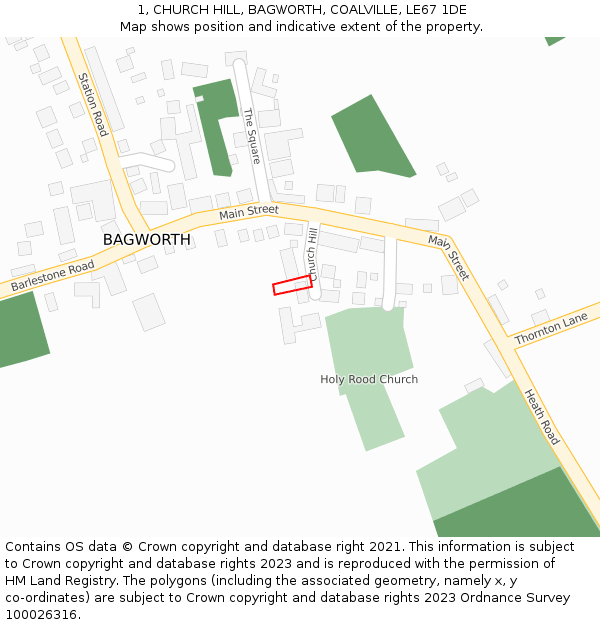 1, CHURCH HILL, BAGWORTH, COALVILLE, LE67 1DE: Location map and indicative extent of plot