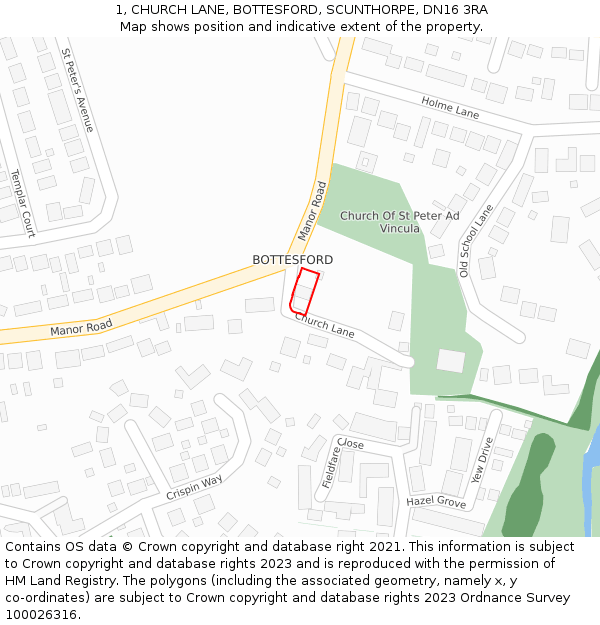 1, CHURCH LANE, BOTTESFORD, SCUNTHORPE, DN16 3RA: Location map and indicative extent of plot