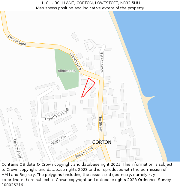 1, CHURCH LANE, CORTON, LOWESTOFT, NR32 5HU: Location map and indicative extent of plot