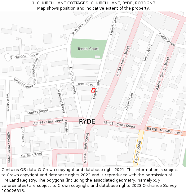 1, CHURCH LANE COTTAGES, CHURCH LANE, RYDE, PO33 2NB: Location map and indicative extent of plot
