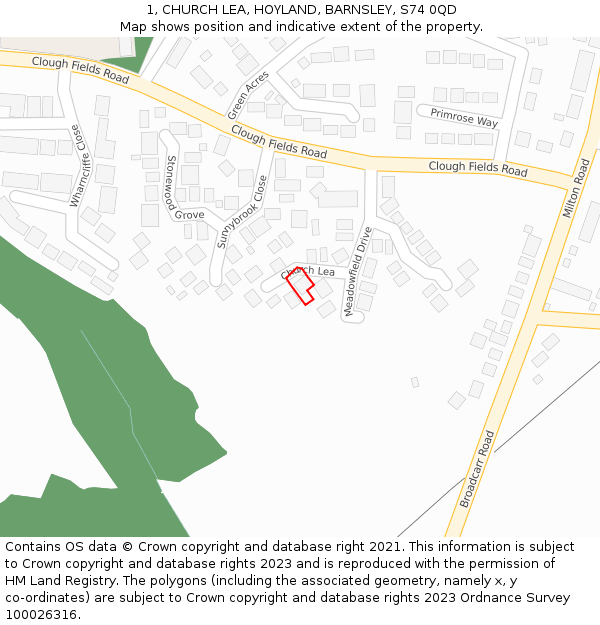 1, CHURCH LEA, HOYLAND, BARNSLEY, S74 0QD: Location map and indicative extent of plot